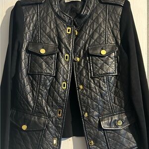 Peter Nygard Black Quilted Leather Jacket with Gold Details